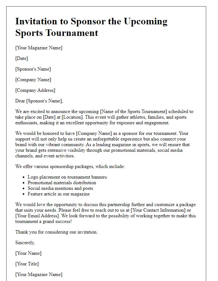 Letter template of magazine sponsorship invitation for a sports tournament.