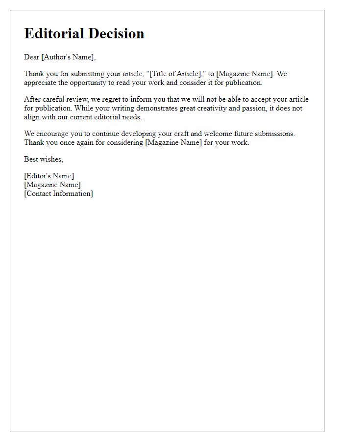 Letter template of magazine article rejection for creative submissions.