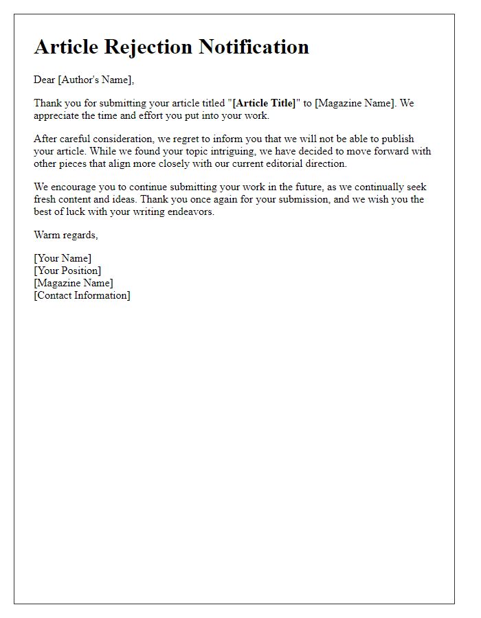 Letter template of magazine article rejection for digital publications.