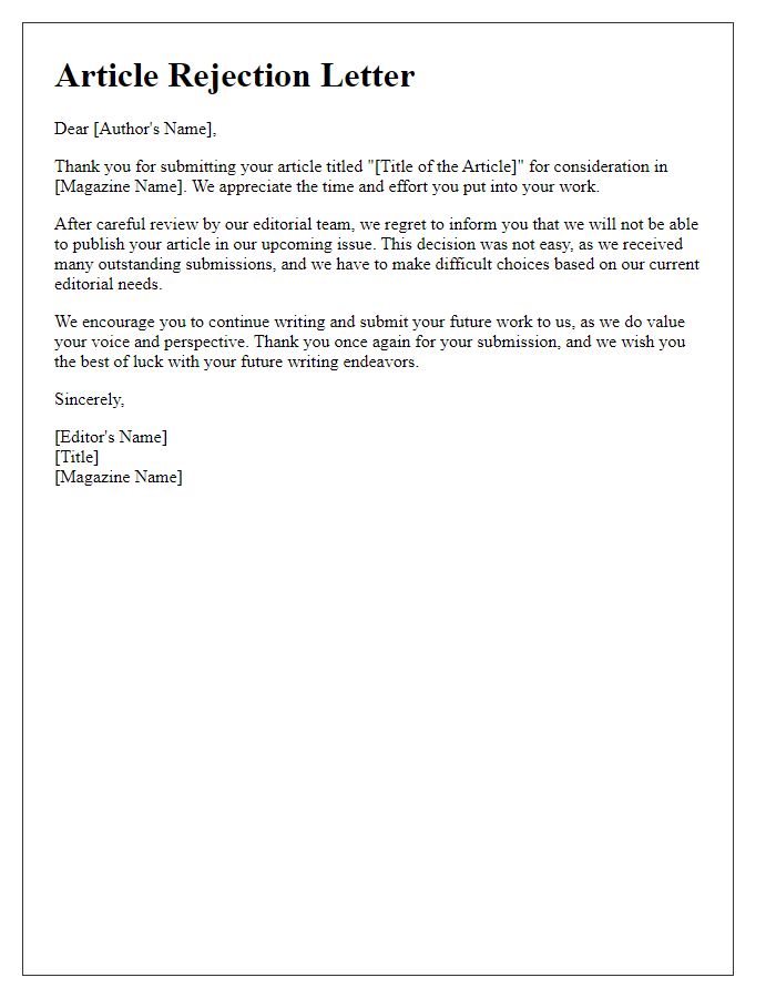 Letter template of magazine article rejection for editorial content.