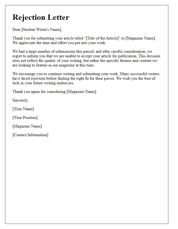 Letter template of magazine article rejection for student writers.