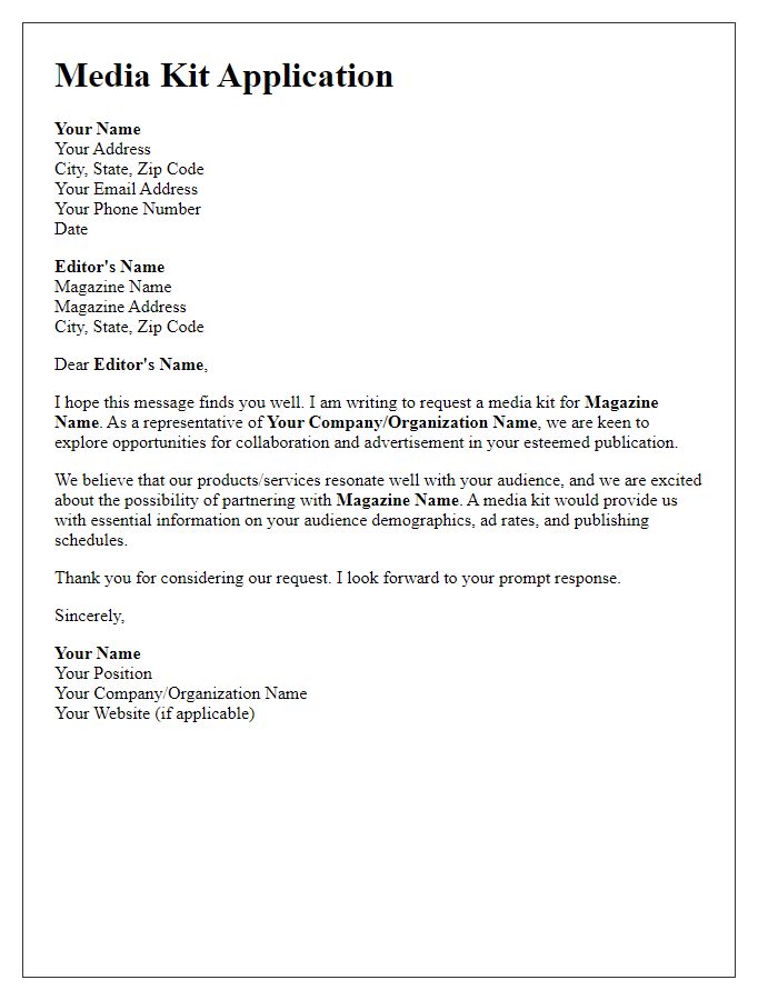 Letter template of application for a magazine media kit.