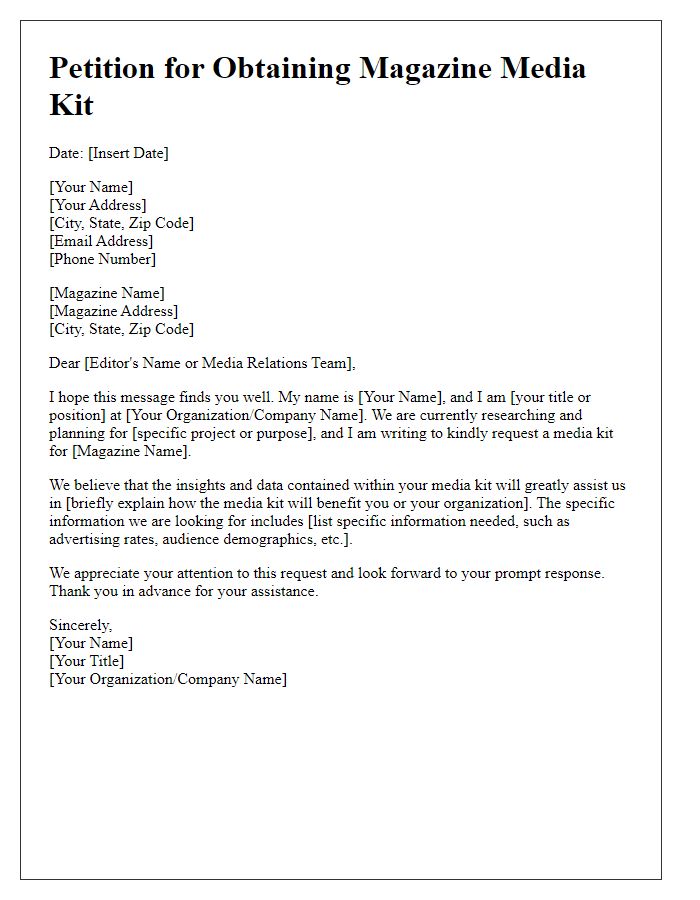 Letter template of petition for obtaining a magazine media kit.