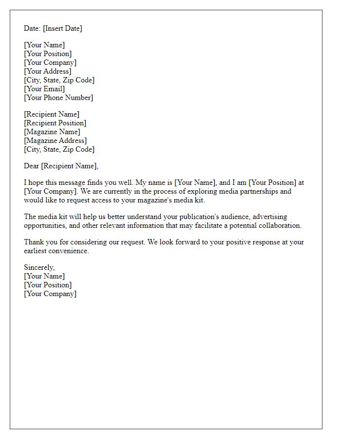 Letter template of request for access to magazine media kit.