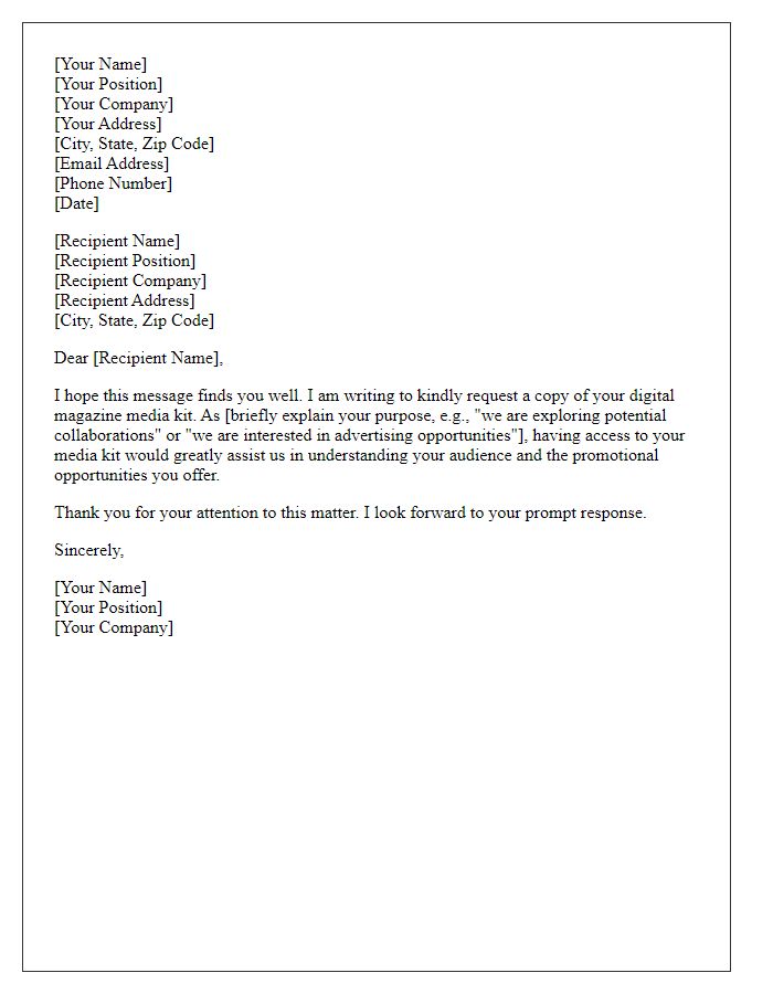 Letter template of request for digital magazine media kit.