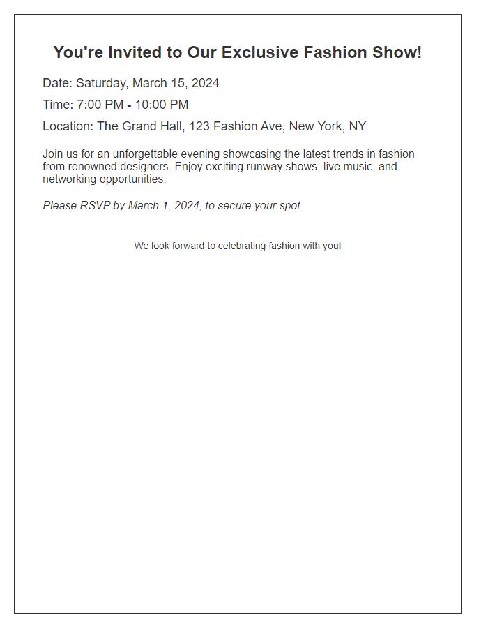 Letter template of magazine fashion show invitation.