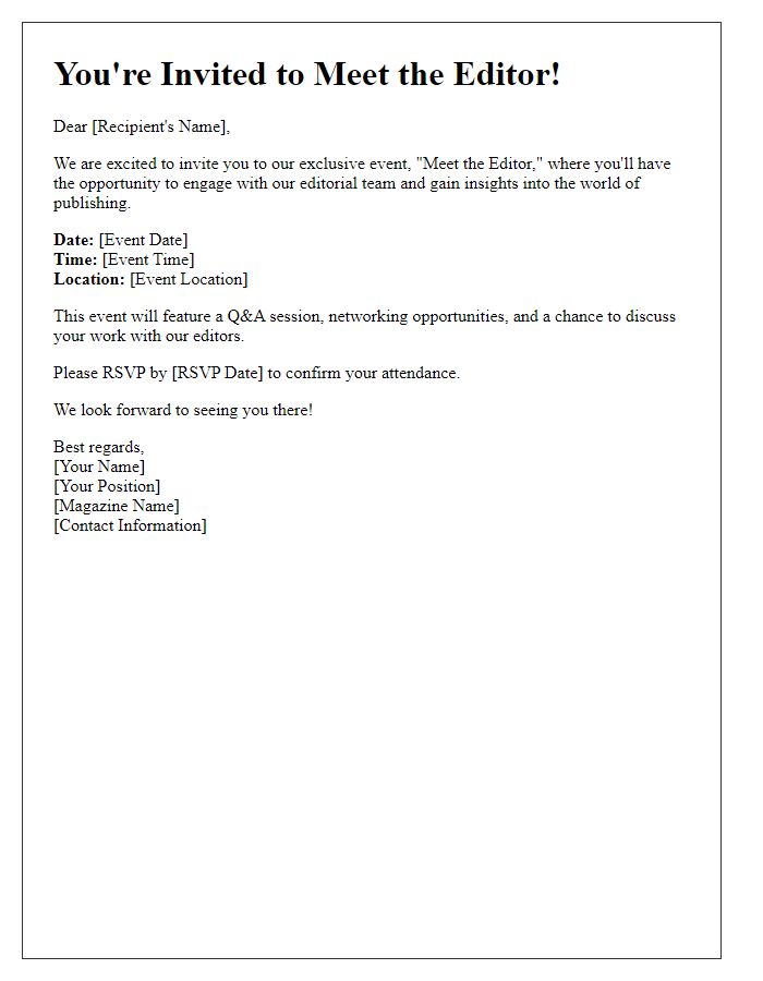 Letter template of magazine meet the editor event invitation.