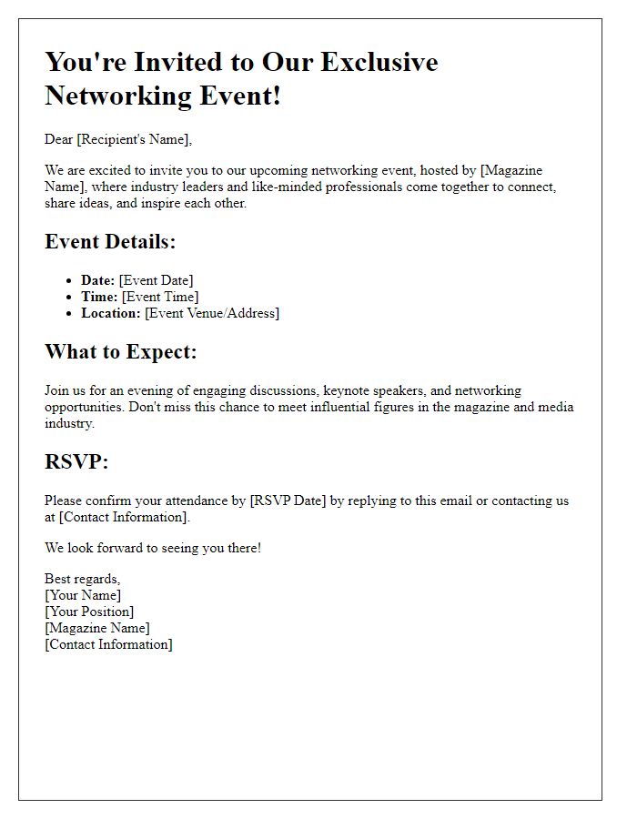 Letter template of magazine networking event invitation.