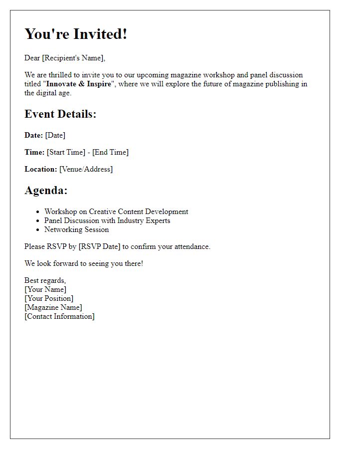 Letter template of magazine workshop and panel discussion invitation.