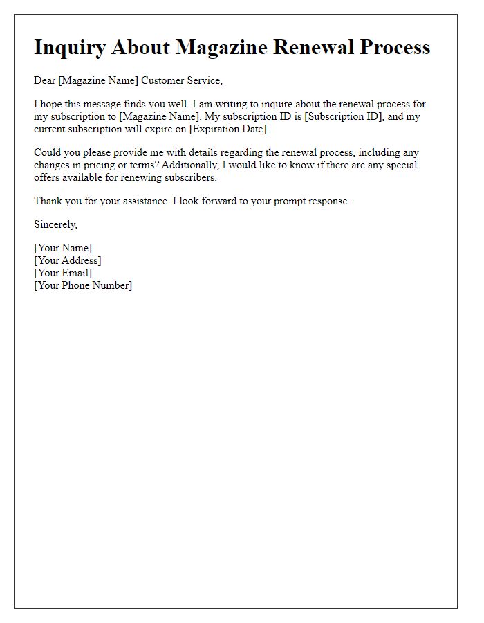 Letter template of inquiry about magazine renewal process.