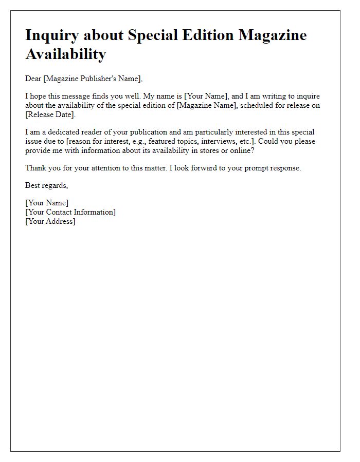 Letter template of inquiry about special edition magazine availability.