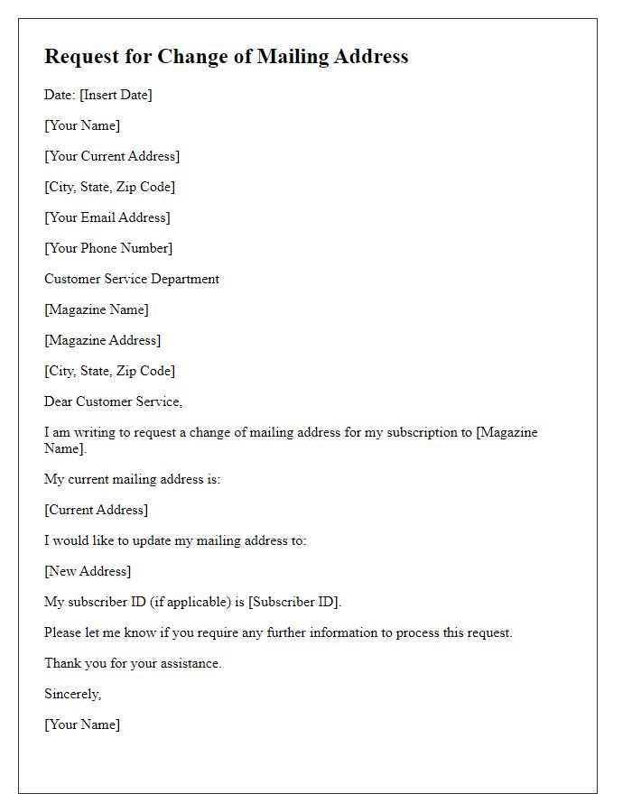 Letter template of request for change of mailing address for magazine.