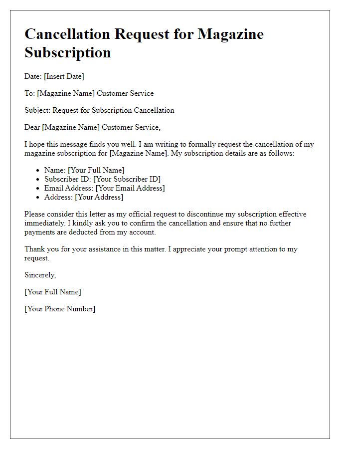 Letter template of request for magazine subscription cancellation.