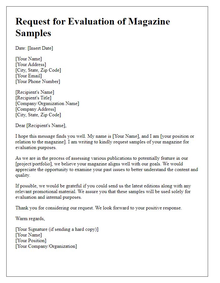 Letter template of request for evaluation magazine samples.