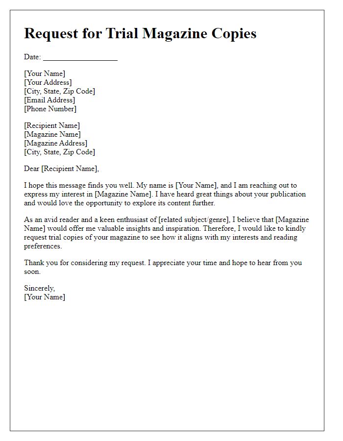 Letter template of solicitation for magazine trial copies.