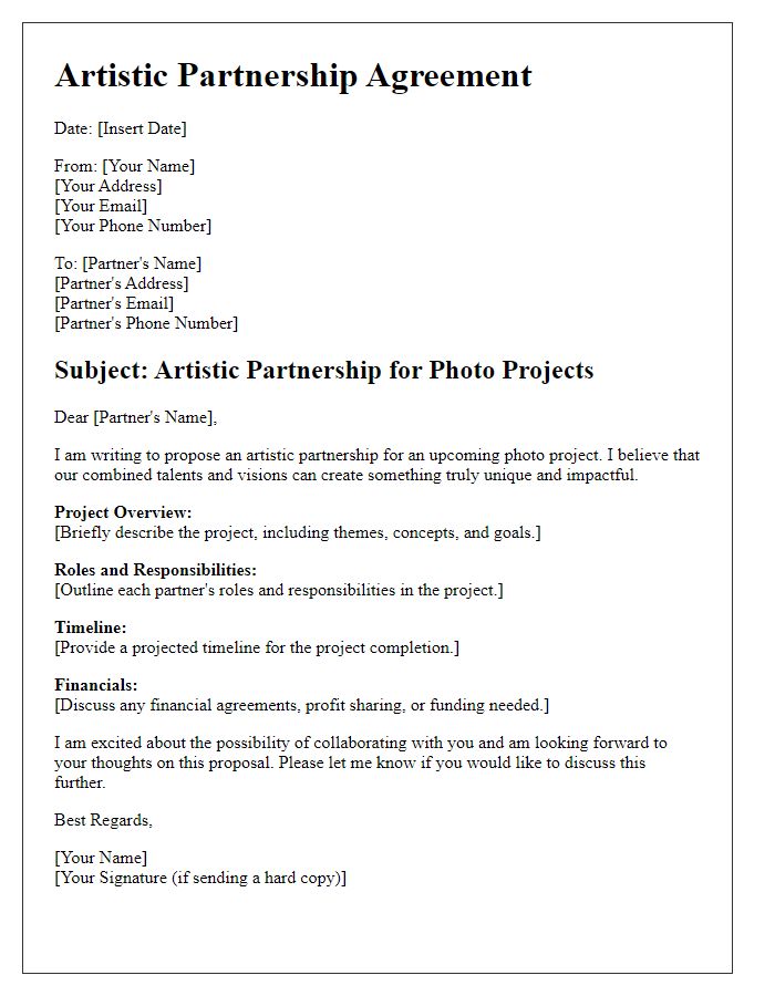 Letter template of artistic partnership for photo projects.