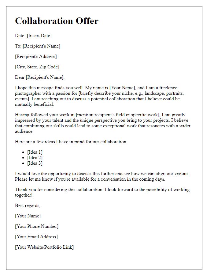 Letter template of freelance photographer collaboration offer.