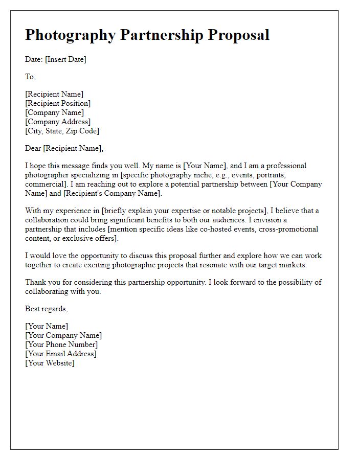 Letter template of photography partnership proposal.