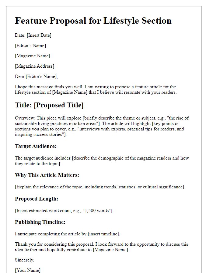 Letter template of magazine feature proposal for lifestyle section.