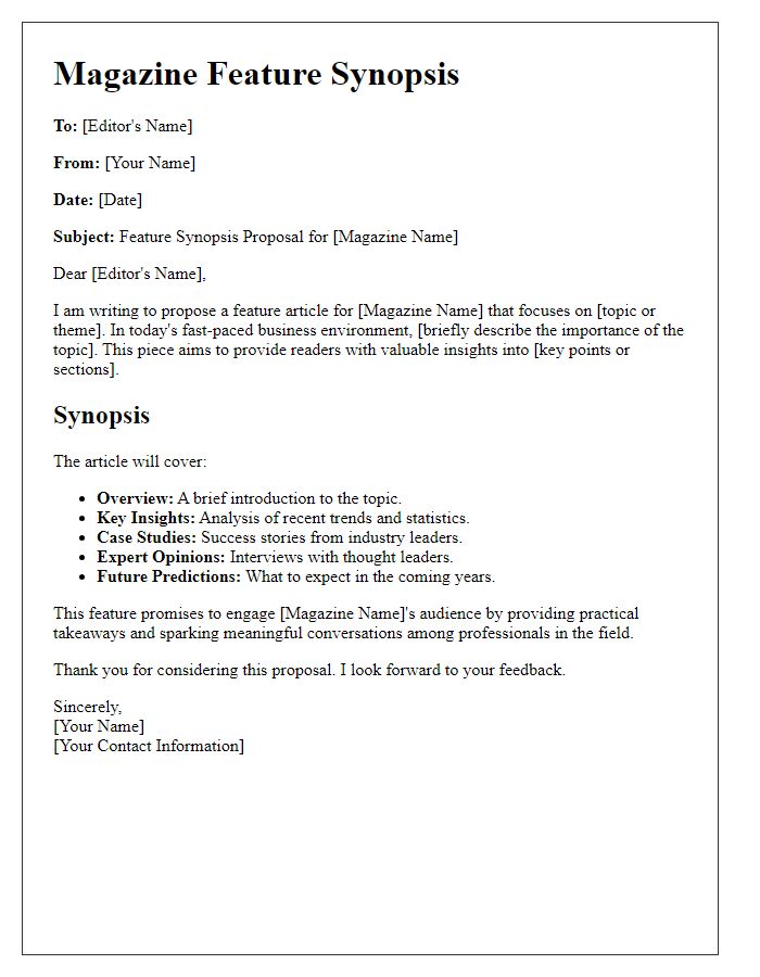 Letter template of magazine feature synopsis for business insights.