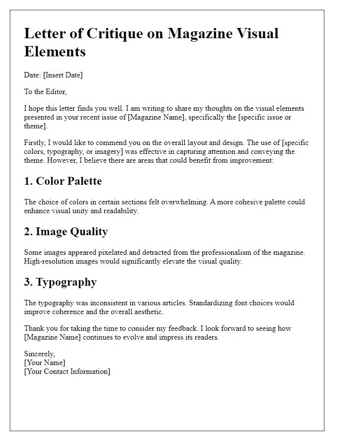 Letter template of critique on magazine visual elements.