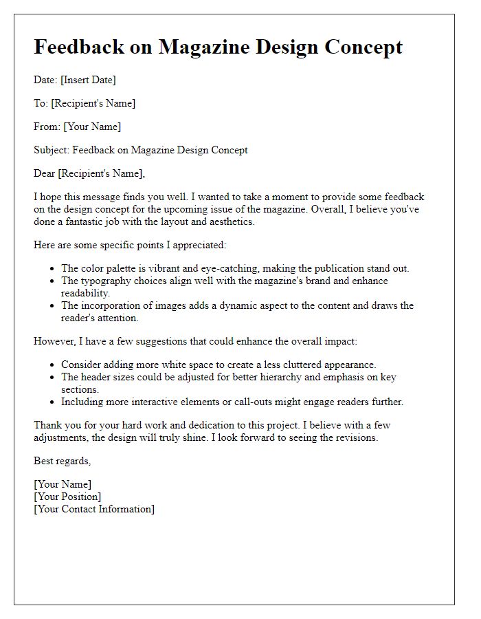 Letter template of feedback on magazine design concept.