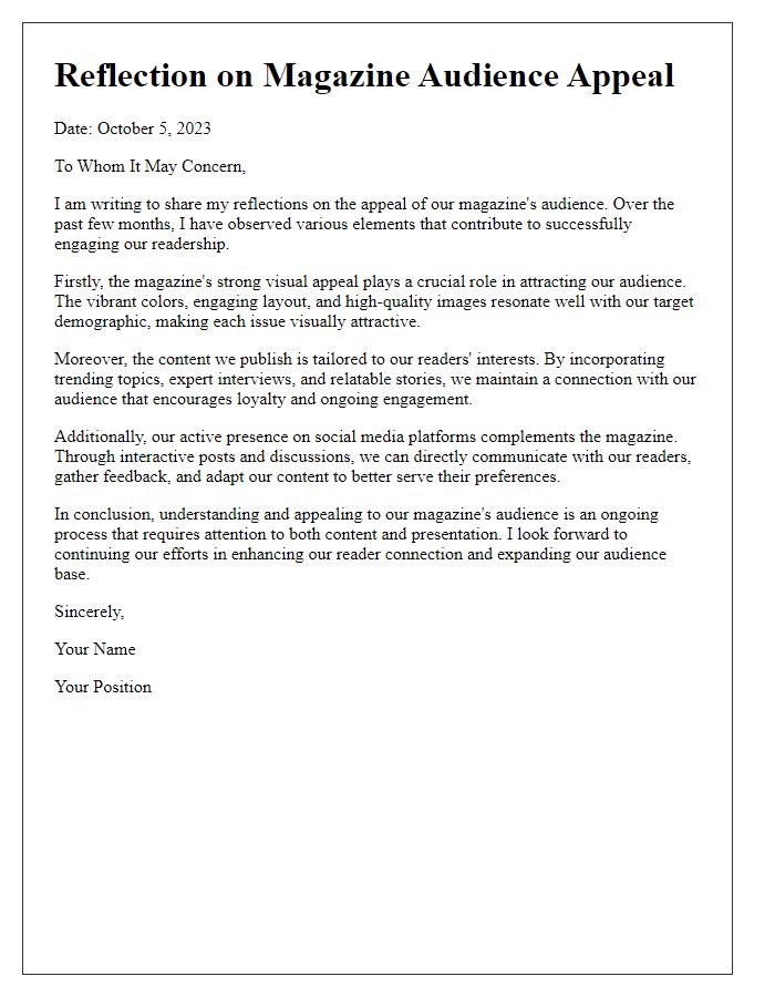 Letter template of reflections on magazine audience appeal.