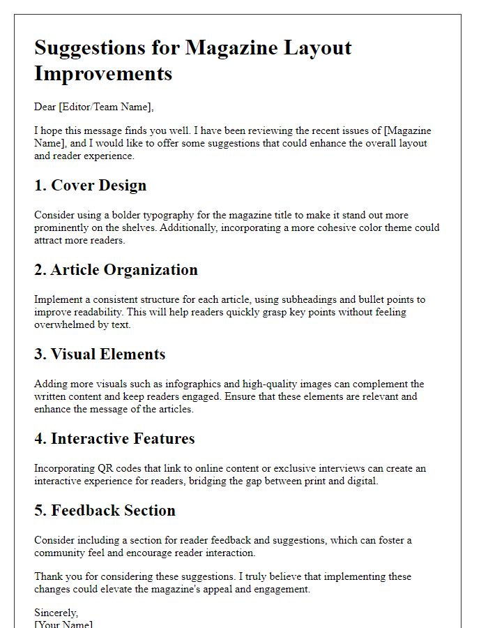 Letter template of suggestions for magazine layout improvements.