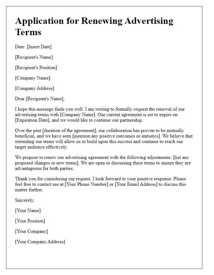 Letter template of application for renewing advertising terms.