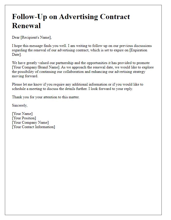 Letter template of follow-up on advertising contract renewal.