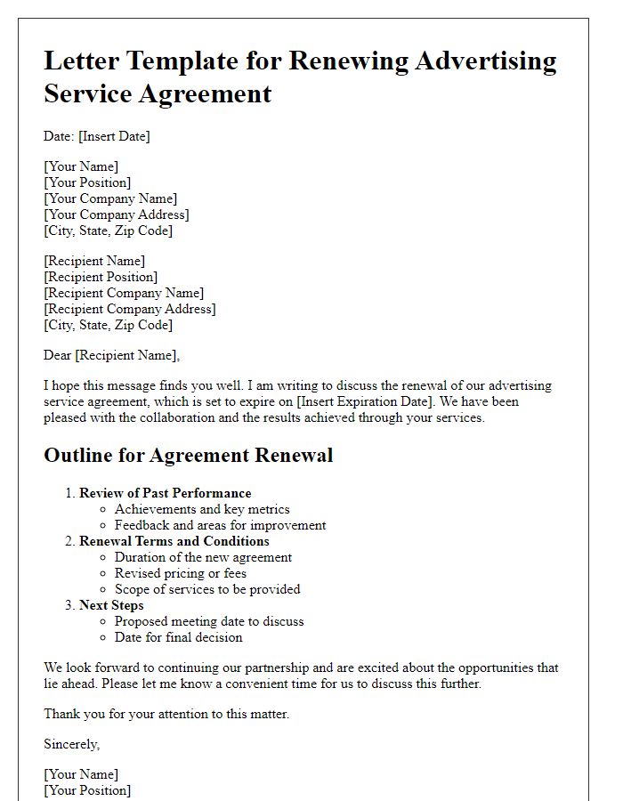 Letter template of outline for renewing advertising service agreement.