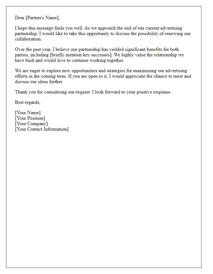 Letter template of request for renewing advertising partnership.