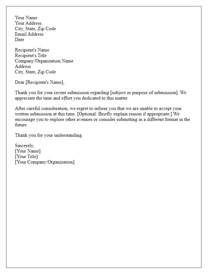 Letter template of not accepting written submission.