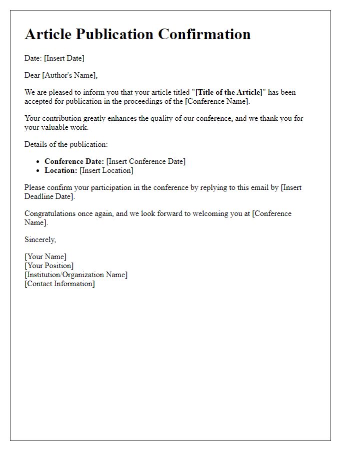 Letter template of article publication confirmation for academic conferences.