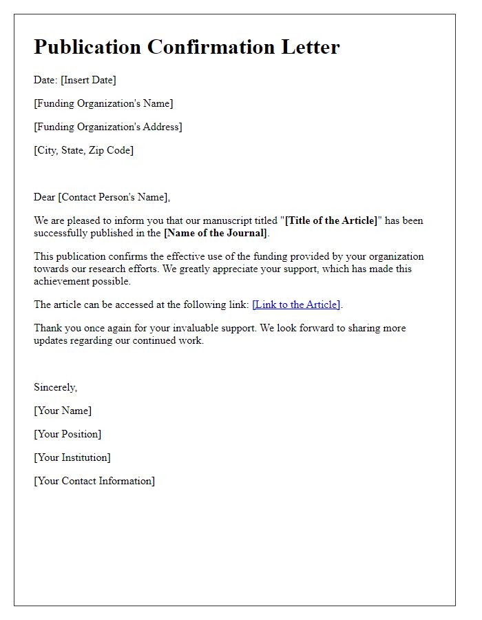 Letter template of article publication confirmation for funding organizations.