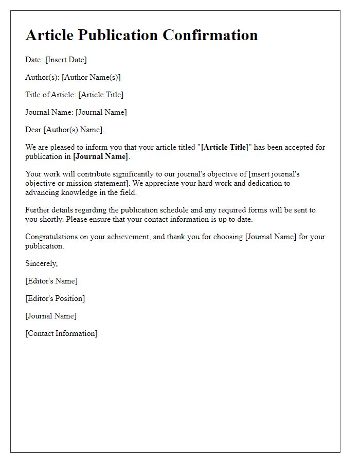 Letter template of article publication confirmation for journals.