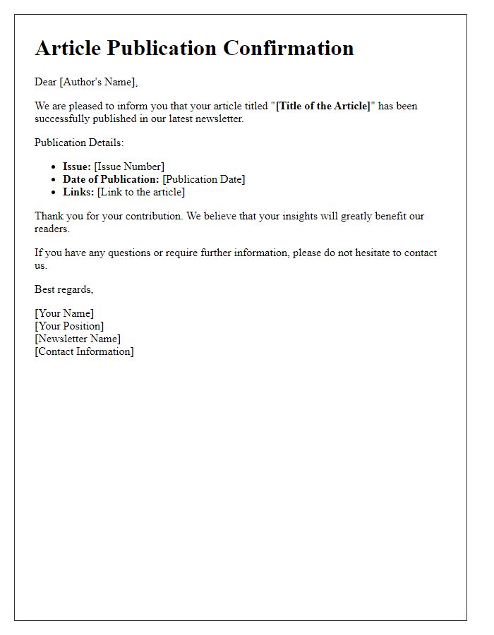 Letter template of article publication confirmation for newsletters.