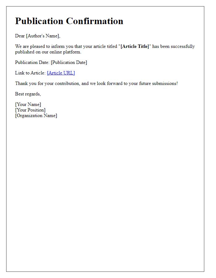 Letter template of article publication confirmation for online platforms.