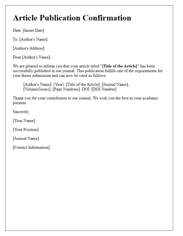 Letter template of article publication confirmation for thesis submissions.