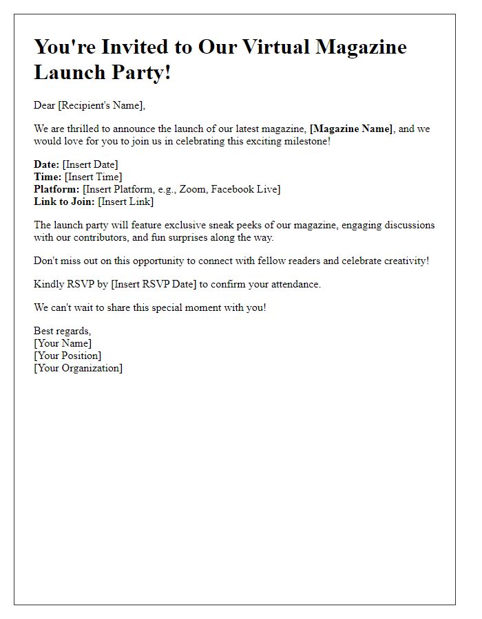 Letter template of announcement for virtual magazine launch party.