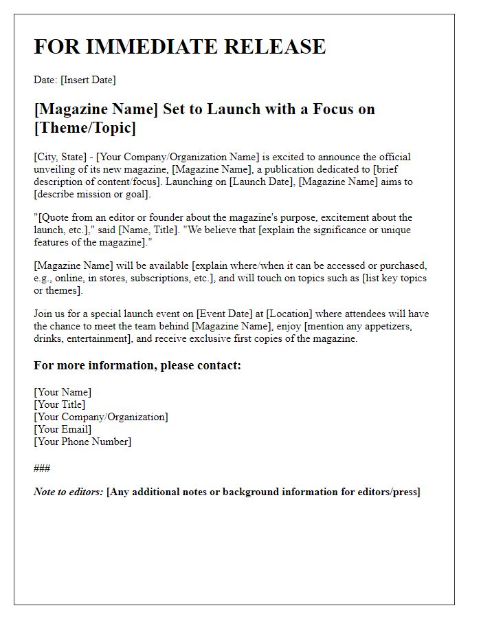 Letter template of press release for new magazine unveiling.