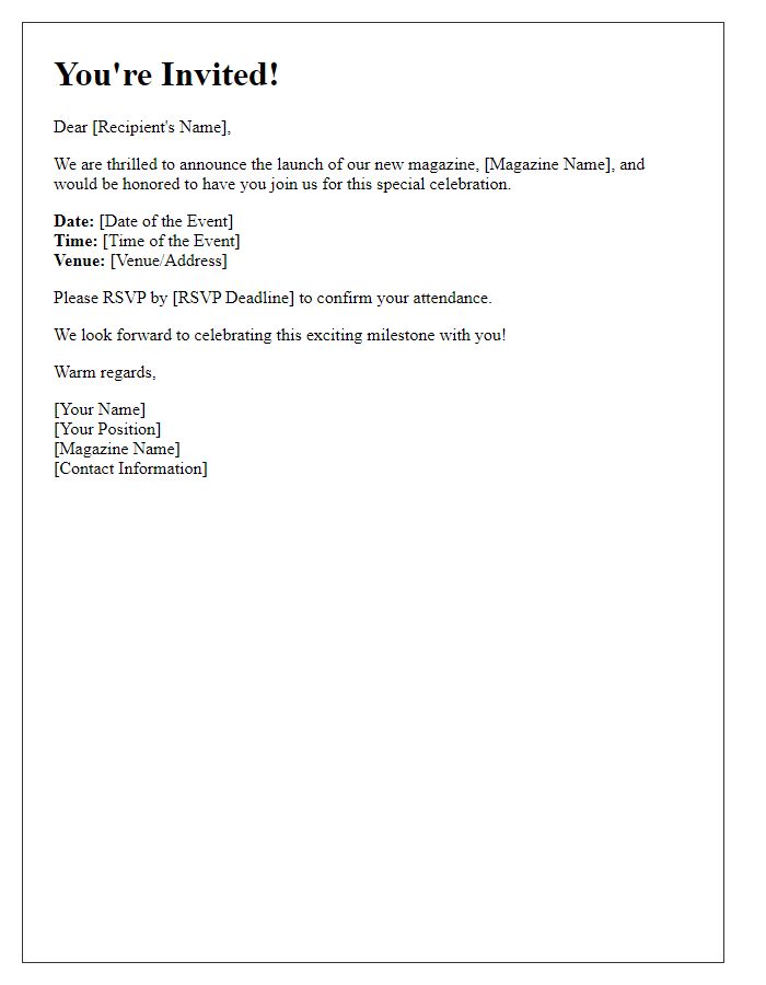 Letter template of RSVP request for magazine launch celebration.