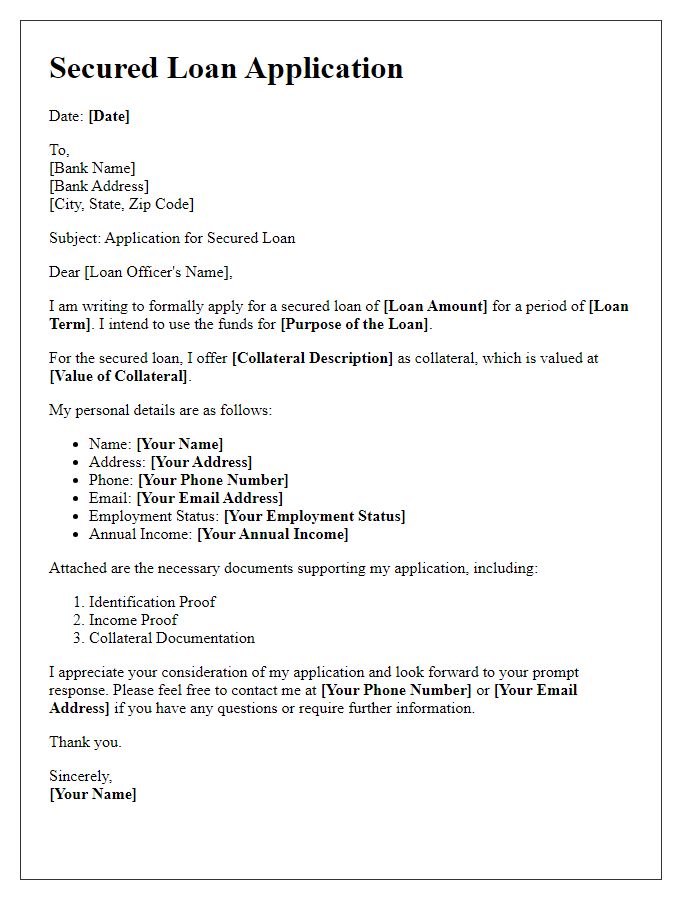 Letter template of secured loan application details