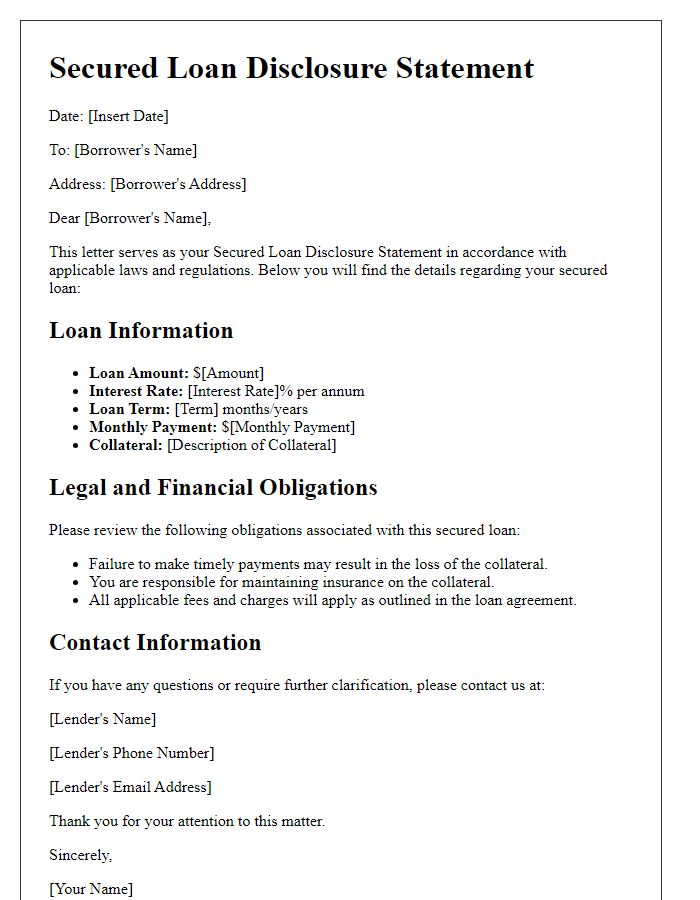 Letter template of secured loan disclosure statement