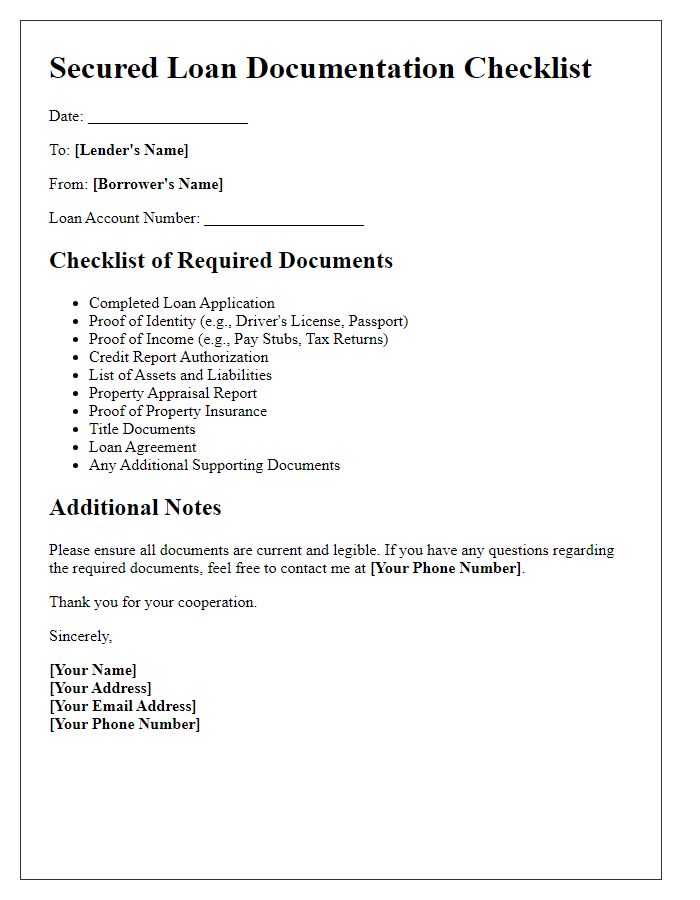 Letter template of secured loan documentation checklist