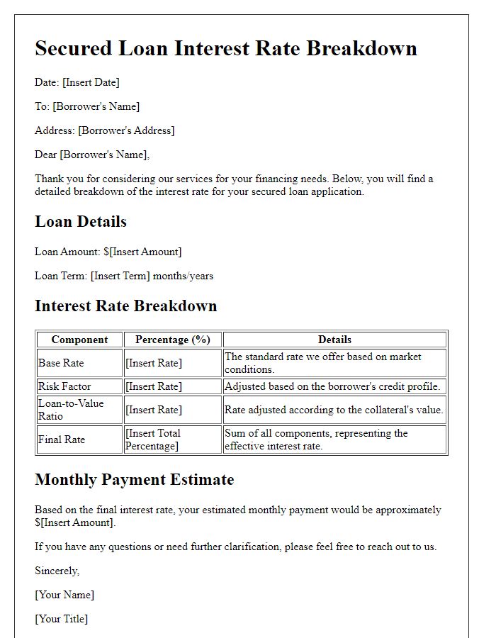 Letter template of secured loan interest rate breakdown