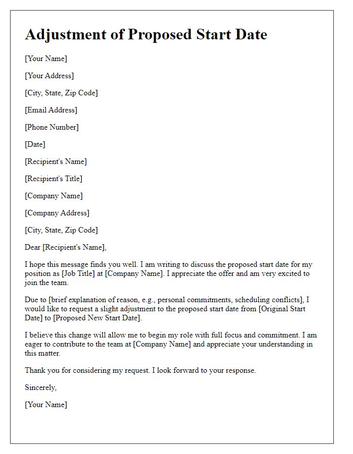 Letter template of adjusting proposed start date