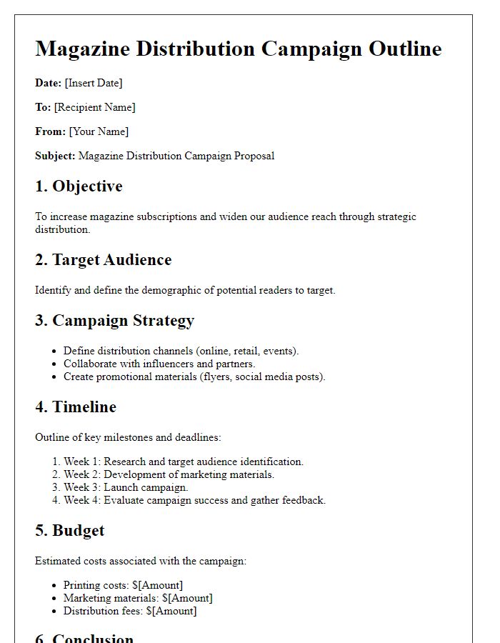 Letter template of magazine distribution campaign outline.