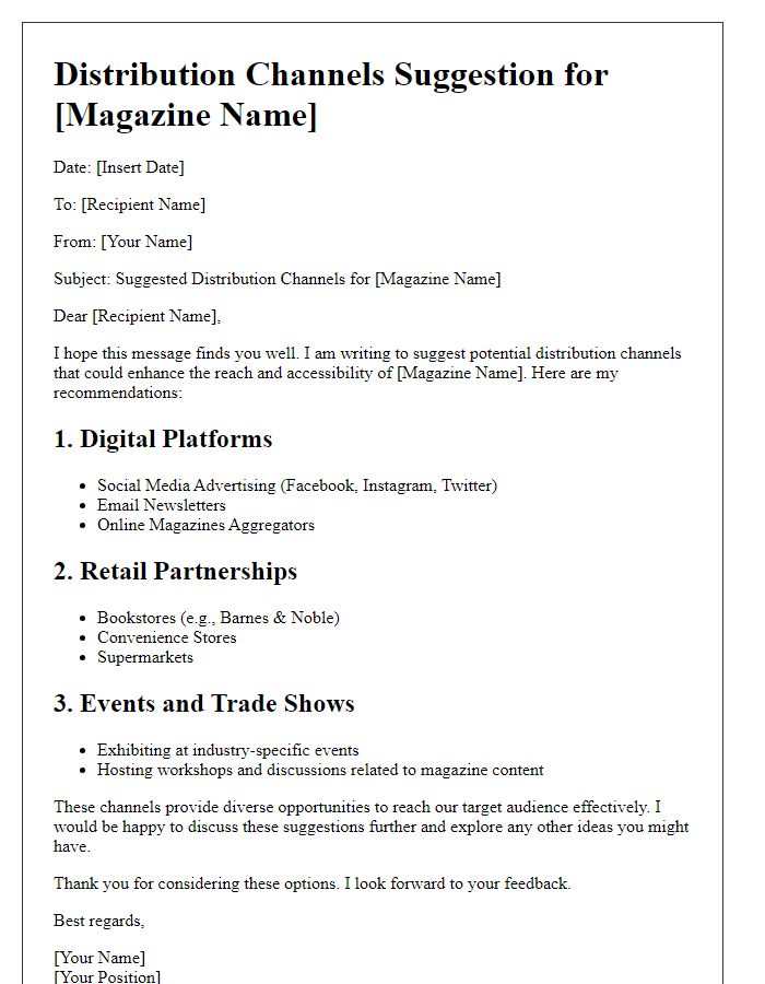 Letter template of magazine distribution channels suggestion.