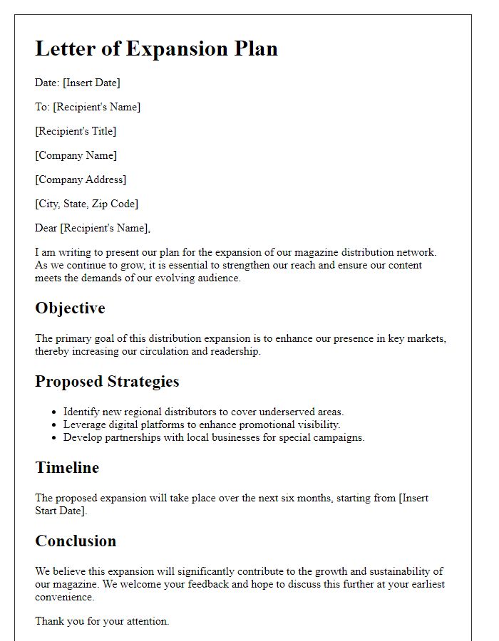 Letter template of magazine distribution expansion plan.